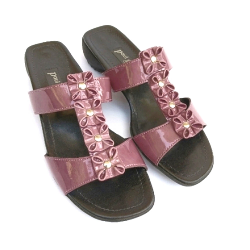 Paul Green Square Toe Patent Leather Purple Rosette Slide Sandals